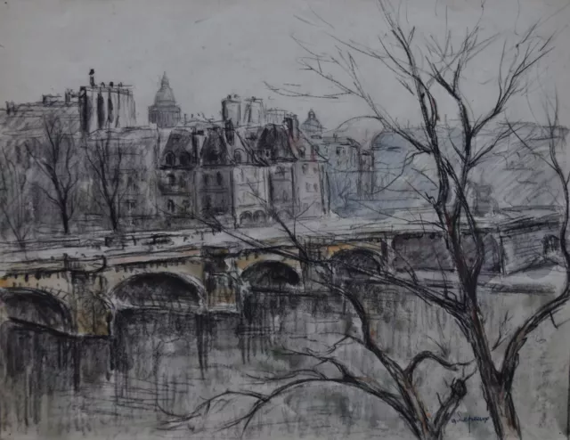 Albert Lepreux (1868-1959) (28) - fusain - Paris (Pont neuf)