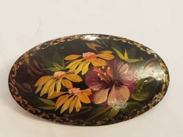 RUSSIAN BLACK LACQUER Oval BROOCH HAND PAINTED Artist Signed 3