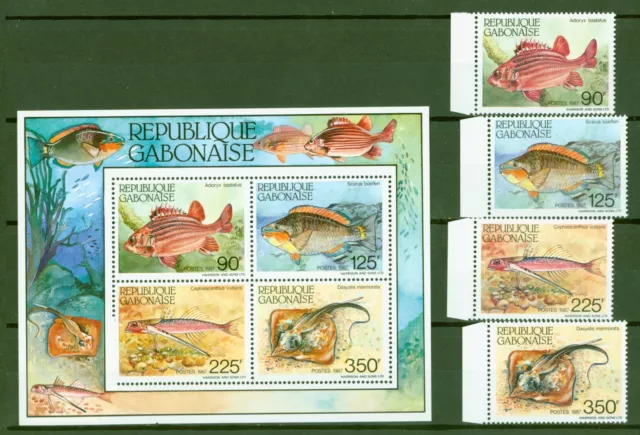 Gabon 1987 - pesce soldato pesce pappagallo razze - n. 979-82 + blocco 56 **