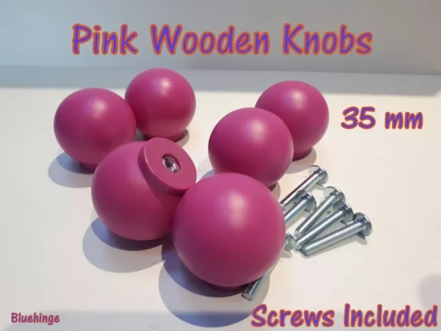 Set of 8 Wooden Knobs Handle Kitchen Door Drawer Cupboard Pink 35mm Wood Round