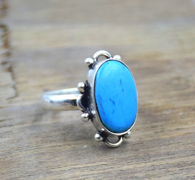 925 Sterling Silver Oval Shape Turquoise Gemstone Jewelry Ring (US) Size-8''