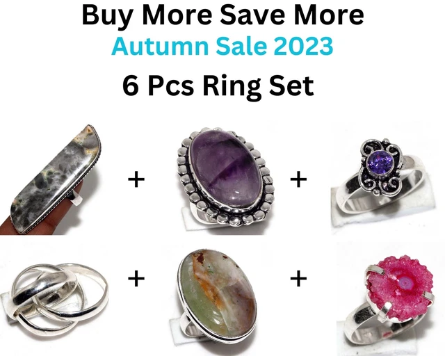 Crazy Lace,Amethyst Vintage Style,Green Fluorite 6pcs Ring Combo Set 7 JW