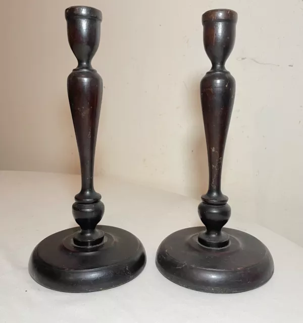 pair antique 19th century turned English wood brass candlesticks candle holders