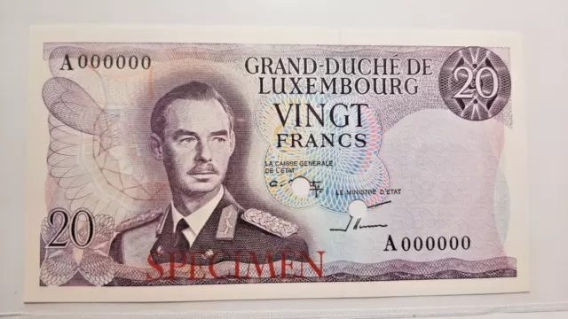 RARE Specimen Luxembourg Banknote 20 Francs - P 54 - 1966 - UNC
