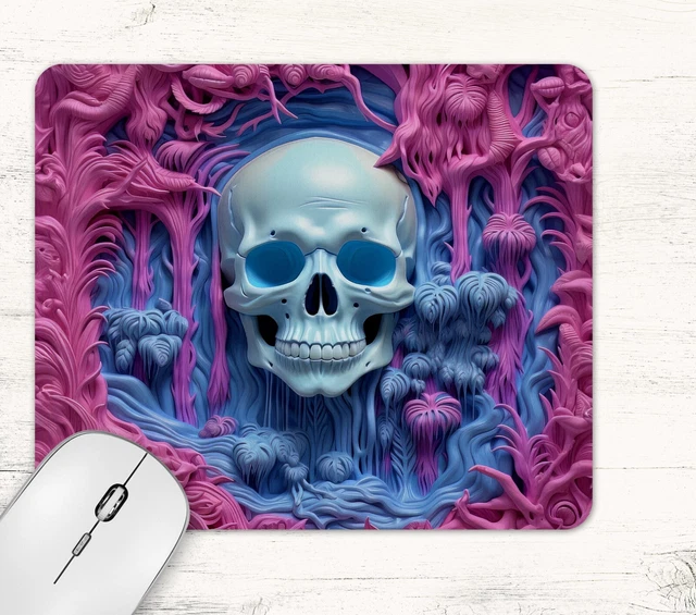 3D Effect Skull Pink Blue Neoprene Mouse Pad Desk Mat Non Slip Rectangle