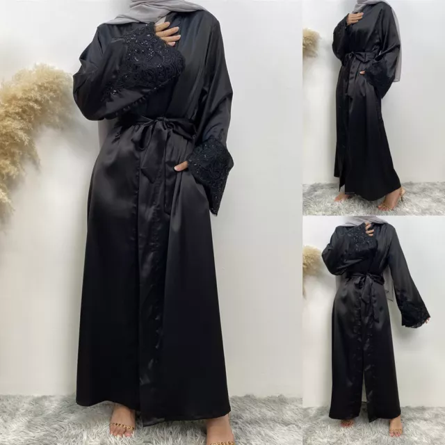 Open Kaftan Muslim Women Satin Kimono Long Dress Abaya Islamic Cardigan Robe New