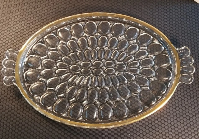 VINTAGE Oval CLEAR Bubble Cut Glass Serving Platter / Tray 10 1/2" Dish Gold Rim