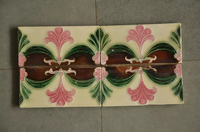 4 Pc Vintage Fine Colorful Flower Ceramic Tiles , Belgium