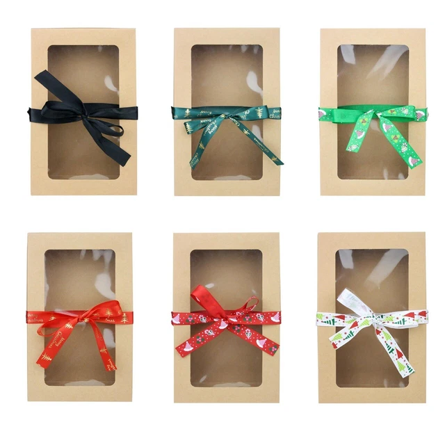 Pack of 12/36/96 Brown Rectangle Kraft Gift Box with Clear Lid & Satin Ribbon Pack of 12/36/96 Brown Rectangle Kraft Gift Box with Clear Lid & Satin Ribbon