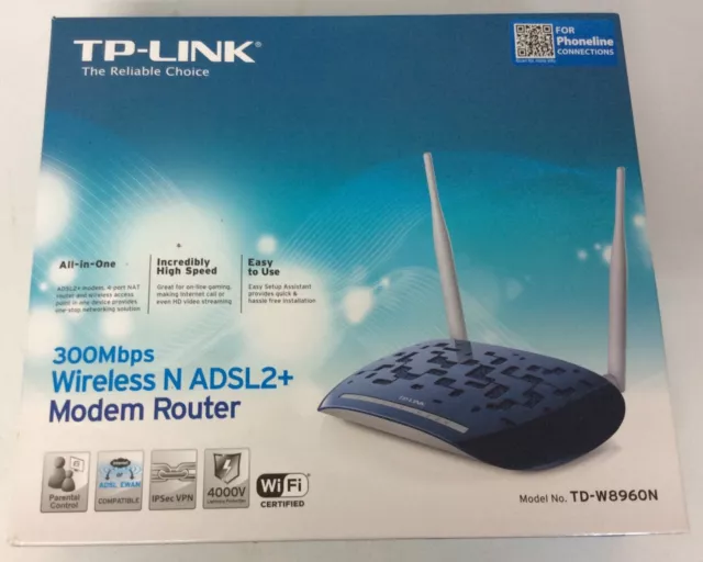 TP-Link wireless N ADSL2+ modem router TD-W8960N boxed with cables