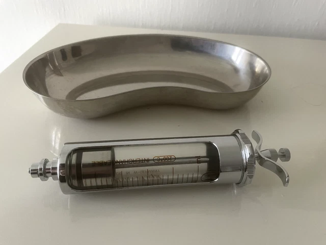 70/80-er:  ULTRA-ASEPT 50ML Glasmetallspritze +  CONTACTO Nierenschale