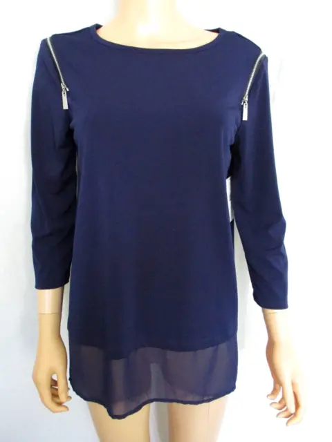 Chaus New York Womens Top Small Evening Navy 3/4 Sleeves Polyester & Spandex