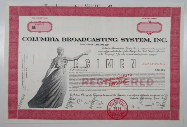 NY. Columbia Broadcasting System, Inc., 1987 $Odd Specimen 7.85% Registered Bond