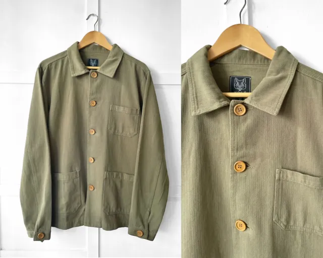Washed French Chore Jacket Herringbone - 60s Style Vintage - Army Green