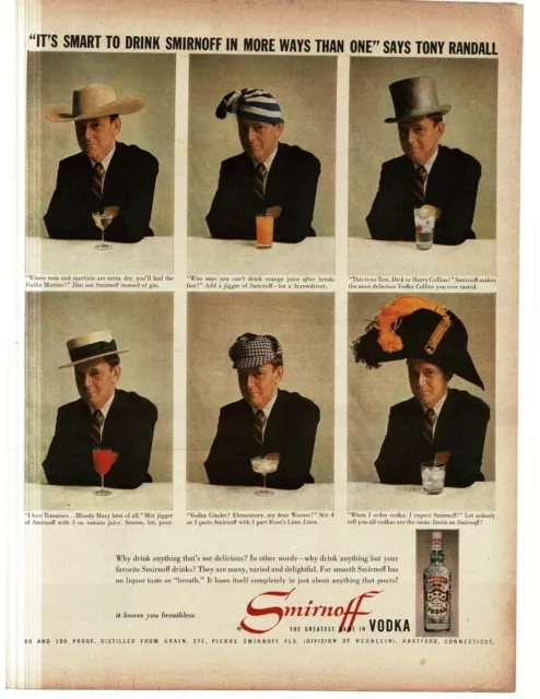 1959 Smirnoff Vodka Tony Randall 6 different characters drinks Vintage Print Ad