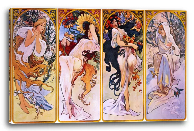 Lein-Wand-Bild Kunstdruck: Alfons Mucha Vier Jahreszeiten 1895