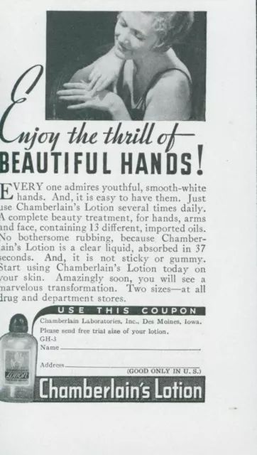 1936 Chamberlains Lotion Thrill Of Beautiful Hands Trial Vintage Print Ad GH1