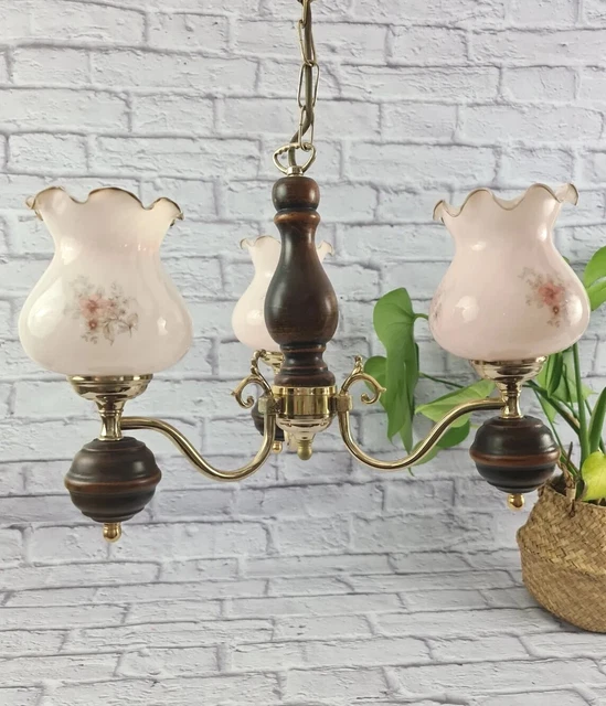 Vintage Brass Effect 3 Arm Chandelier Ceiling Light With Glass Flower Shades