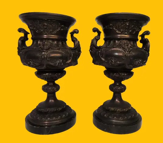 Pair Large Antique French Medici Vases Marble Bases Bronze Patinated Cast Iron