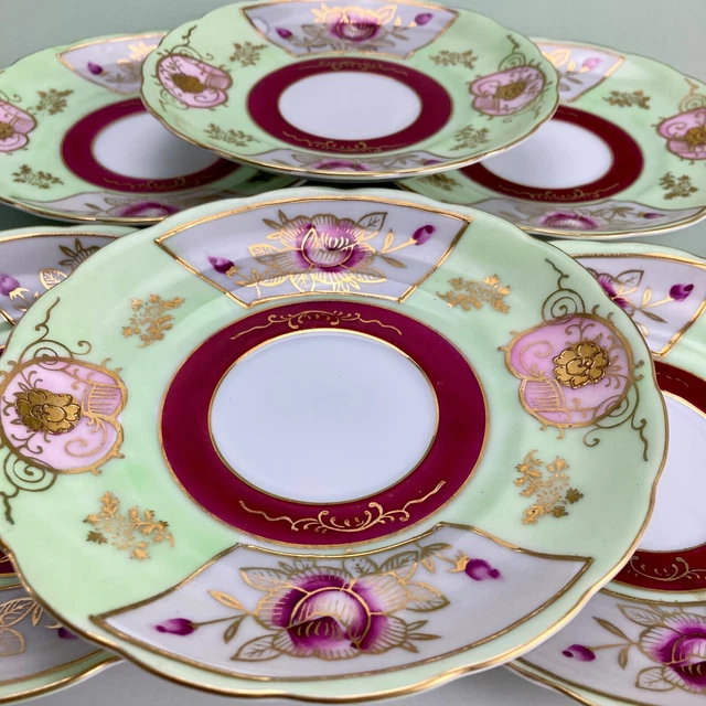 Vintage 1930s Ucagco China Saucers 6 Lot Green Red Gilt Moriage Floral Japan