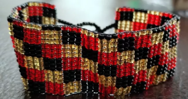 Handmade Miyuki Seed Bead Beaded Cuff Bracelet Checkered Square Pattern Red Blac