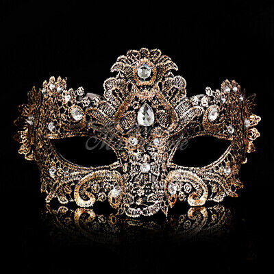 Venetian Lace Mardi Gras Masquerade Mask Embellished Gems Women Gold Black