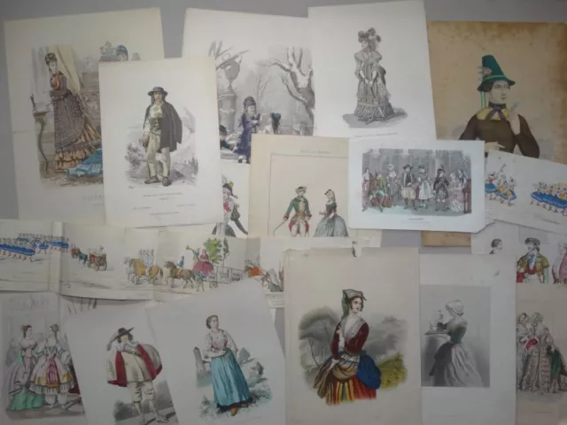 Historische Trachten Kostüme Mode - 16 Druckgraphiken kol. Lithographien 1860