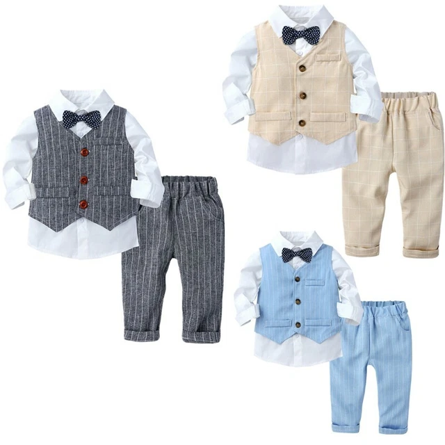 Set outfits gentiluomo bambino camicia a maniche lunghe + gilet + pantaloni matrimonio battesimo abito