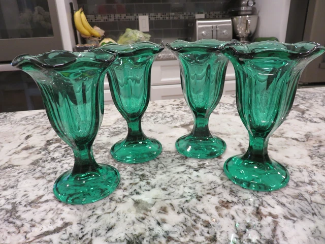 4 VTG Anchor Hocking Teal Juniper Glass Ice Cream Sundae Parfait Dessert Cups EX