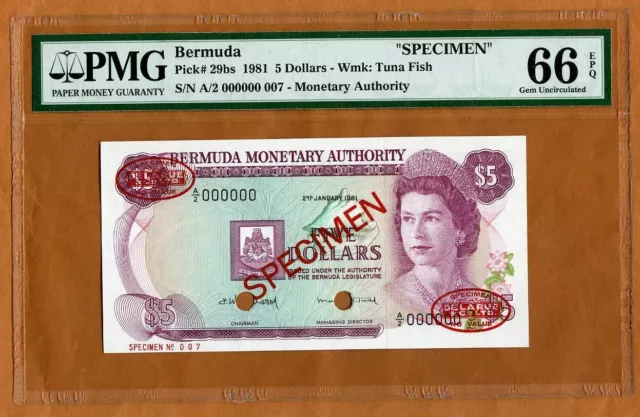 Specimen Bermuda, 5 dollars, 1981, QEII, P-29bs, PMG-66, EPQ, Gem UNC