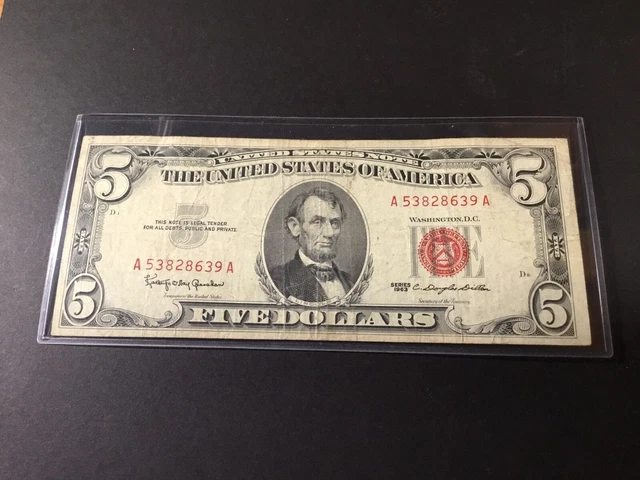 1963 Five Dollar Bill $ 5 Red Seal United States Note-639 A
