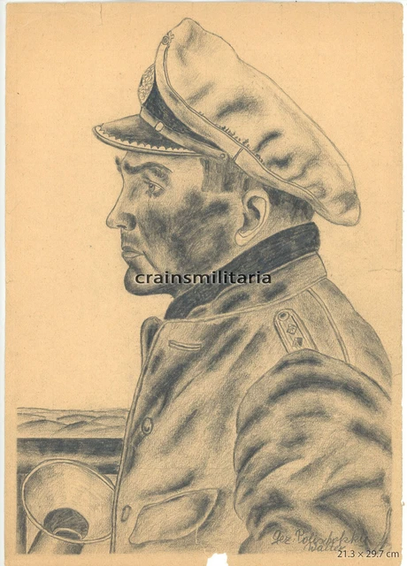 ORIG ZEICHNUNG PORTRAIT Kriegsmarine U Boot Kommandant Offizier Ca 