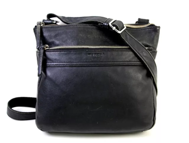 Margot BLACK GENUINE LEATHER ZIP POCKET SHOULDER BAG CROSSBODY MESSENGER HANDBAG