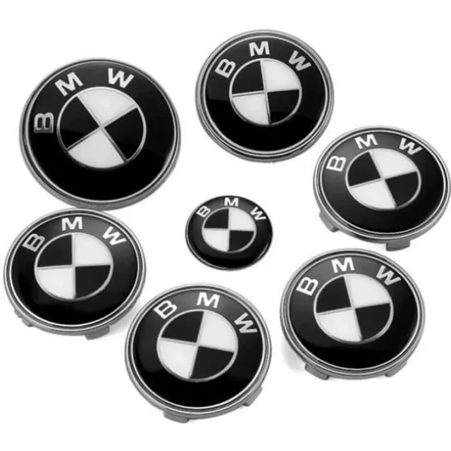 7 Badge LOGO Emblèmes BMW Noir blanc Capot 82mm Coffre 74mm Volant 4 moyeu 68mm