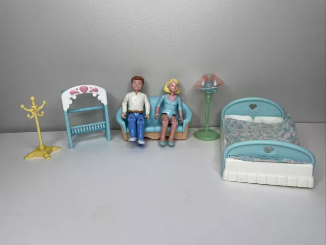 Vintage 90s Fisher Price Loving Family Dollhouse Lot Bed Couch Lamp Figures