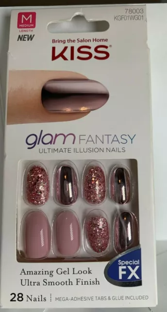 Kiss Nails Gel Fantasy Glue or Press on Manicure Medium Rose Gold Glitter mirror