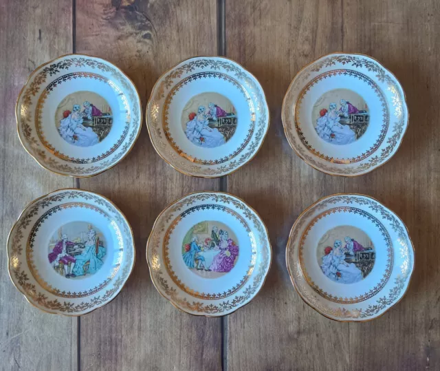 6 Coupelles à Dessert Porcelaine de Limoges France n°7-Décor scènes galantes/or