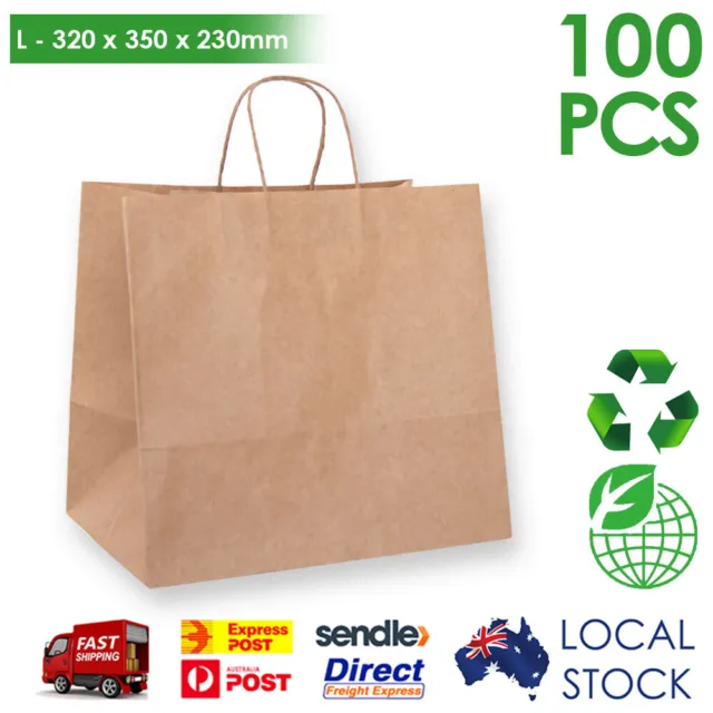 Brown Kraft Paper Bags Take Away Gift Shopping Large 320x350x230mm 100 Pieces
