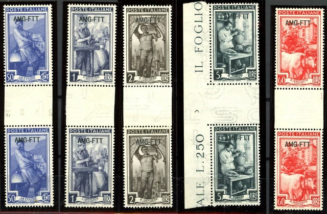 Italy Trieste 1950 Scarce Set 5 GUTTER PAIRS MNH Scott's 90 91 92 93 & 103