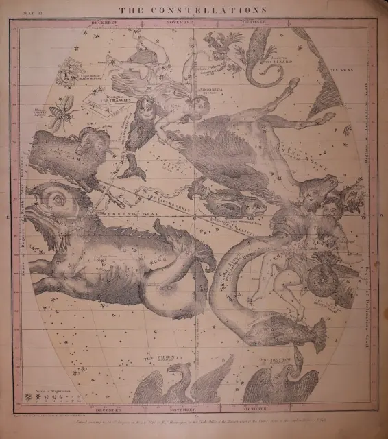 1856 Star Chart  CONSTELLATIONS - PEGASUS, ANDROMEDA, ARIES Map by Burrett -#023