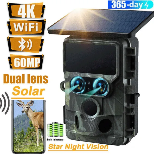 Solar Dual lens Trail Camera 4K WiFi Wildlife Hunting Game Cam PIR Night Vision