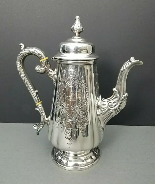 Antique Fine Silver Plate Coffee Pot Hand Chased Ornate Repousse 19th Century