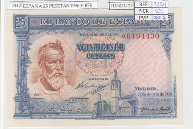 BILLETE ESPAÑA 25 PESETAS 1936 P-87b SIN CIRCULAR