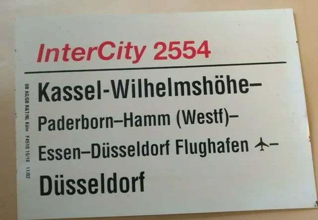 Zuglaufschild DB IC InterCity 2554 Kassel-Wilhelmshöhe - Paderborn - Düsseldorf