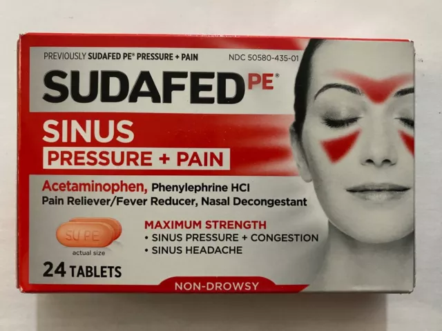 SUDAFED Sinus, Pressure + Pain, Acetaminophen, Non-Drowsy, 24 Tabs, Exp 05/25