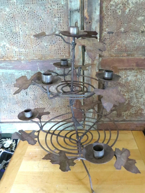 Rustic Primitive Hand made metal Cast Iron Leaf Leaves Candle Holder Candelabra
