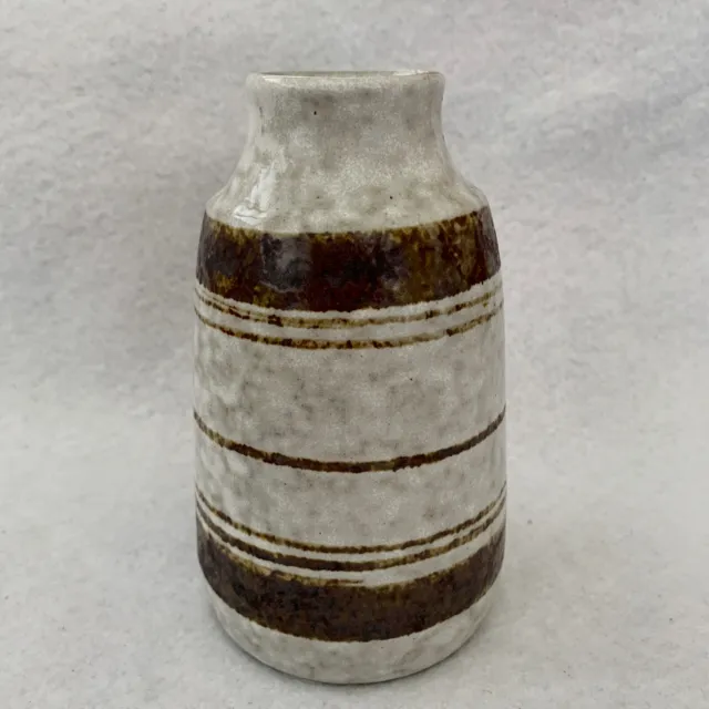 Mid-Century Art Pottery Stoneware flower or Weed Vase Pot vessel brown stripe 6”