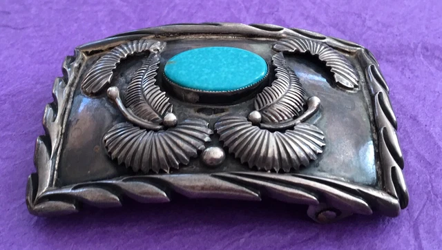 Vintage Navajo Native American Sterling Silver & Turquoise Signed LC Belt Buckle