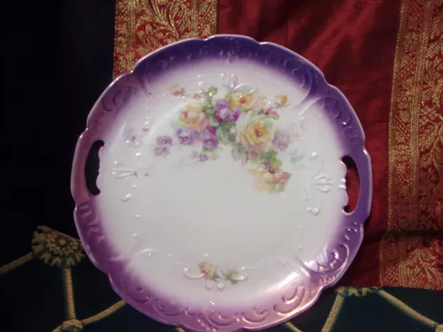 Vintage Made in GERMANY Two Handled FLORAL Cake Plate- PURPLE LUSTER TRIM 9.25"