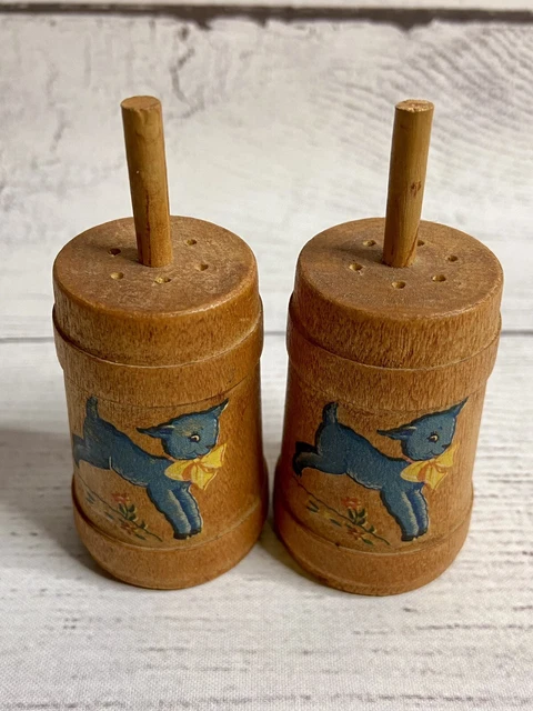 Mid century wooden butter churn salt and pepper shakers with lamb decal